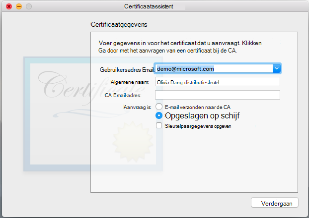 Voer gegevens in voor het certificaat dat u aanvraagt