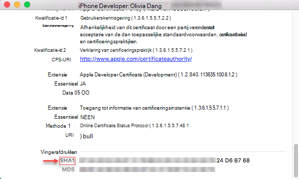iPhone-informatie - Vingerafdruk SHA1-tekenreeks