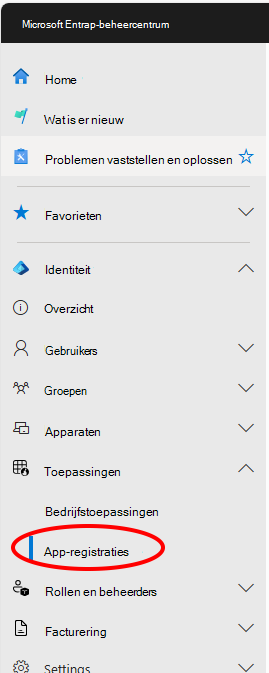 Schermopname van de locatie van het menu App-registraties in het Entra-beheercentrum.