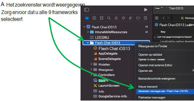 Scherm dat laat zien hoe u bestanden toevoegt aan het app-project in Xcode op een macOS-apparaat.