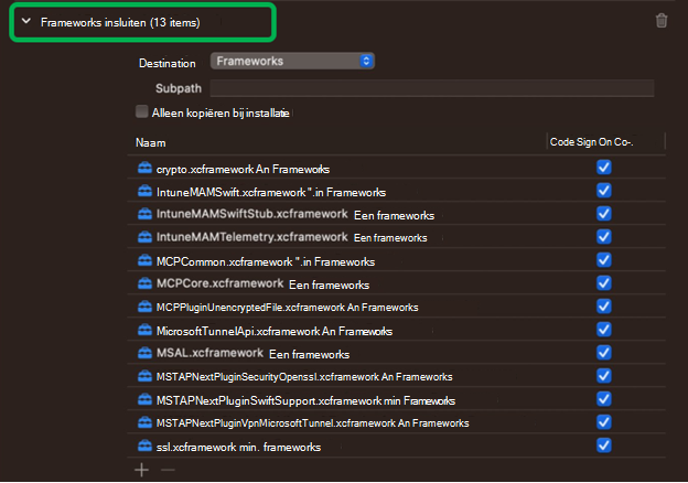 Schermopname van alle Microsoft Tunnel-frameworks die zijn ingesloten in Xcode op een macOS-apparaat.