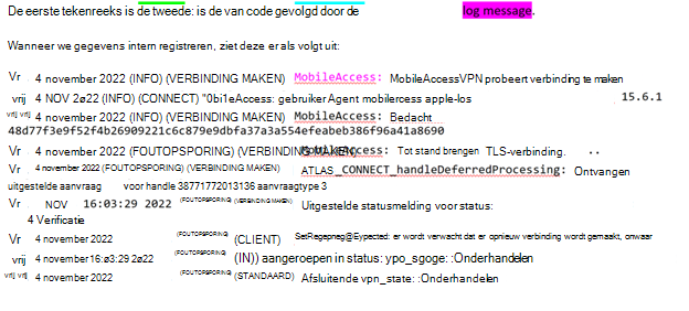 Schermopname van een voorbeeld van een Microsoft Tunnel-logboekuitvoer in Xcode op een macOS-apparaat.