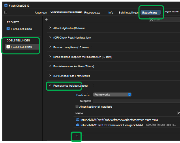 Schermopname van het insluiten van frameworks in Xcode op een macOS-apparaat.