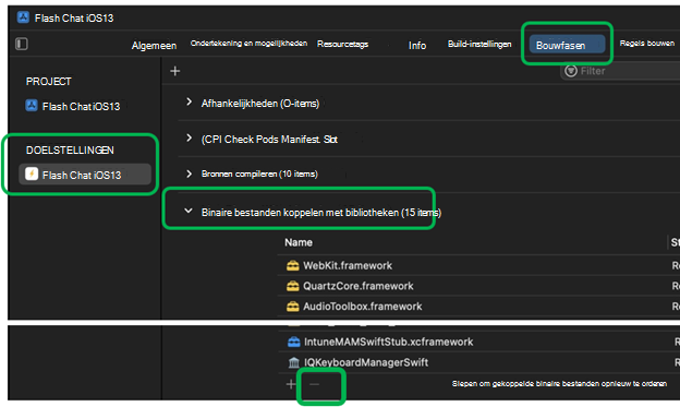 Schermopname die laat zien hoe u frameworks verwijdert in Binaire bestanden koppelen met bibliotheken in Xcode op een macOS-apparaat.