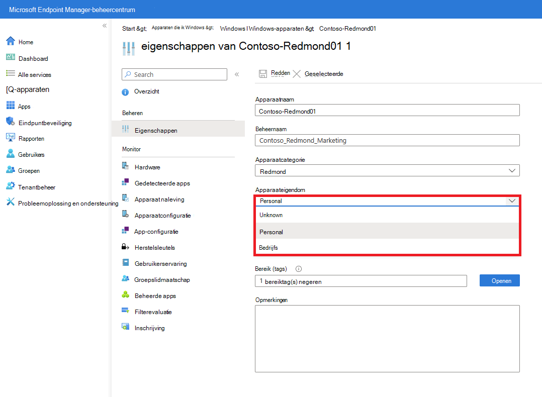 Schermopname van de eigenschappen van het beheerde apparaat met apparaatcategorie en opties voor apparaateigendom.