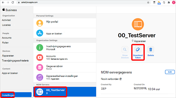 Schermopname van het vernieuwen en downloaden van een Apple-token in Apple Business Manager.