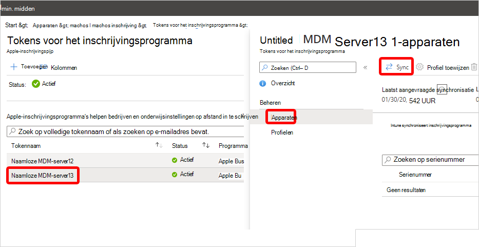 Schermopname van het tokengebied Van het inschrijvingsprogramma in het beheercentrum, met het voorbeeldtoken, de koppeling Apparaten en de knop Synchroniseren gemarkeerd.
