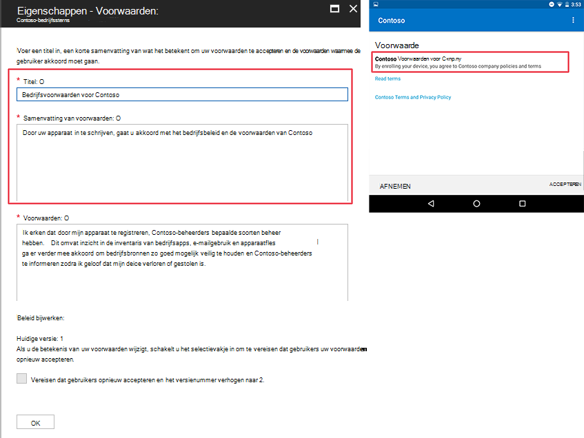 Voorbeeldafbeelding van de opgestelde termen in de Intune en vervolgens hoe het eruitziet in Bedrijfsportal.