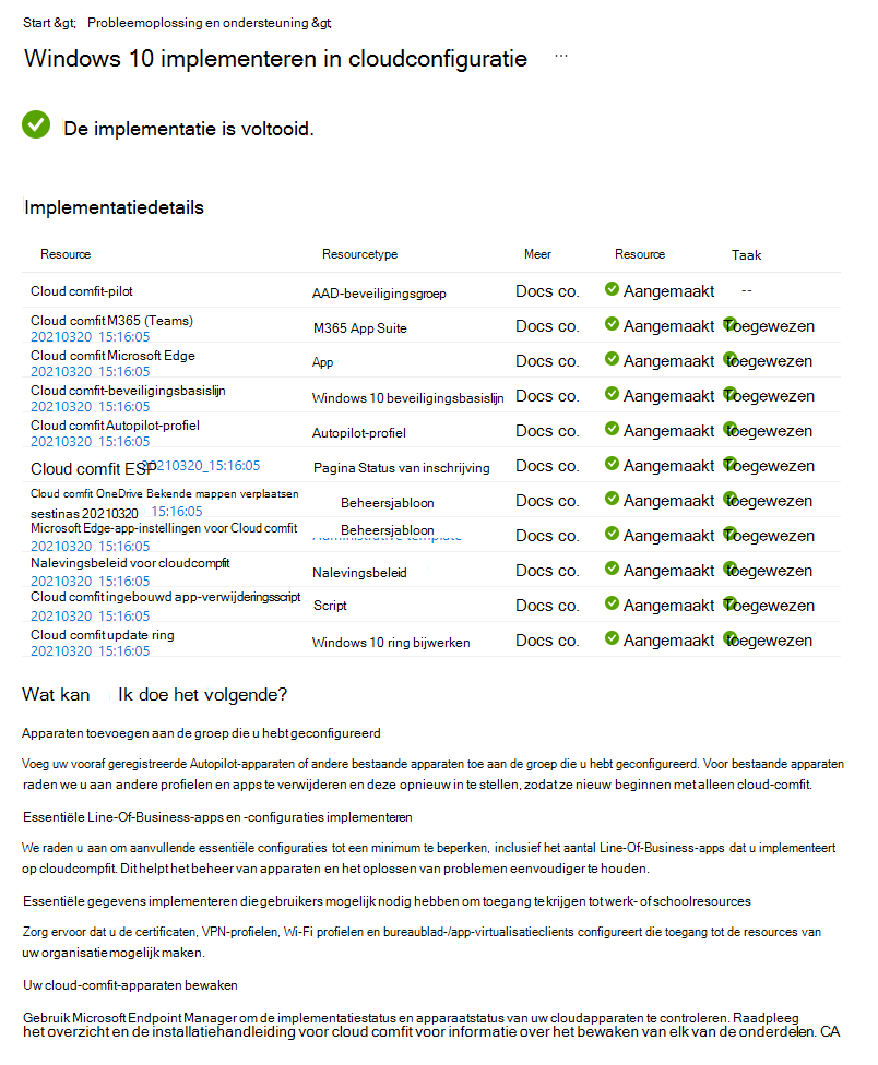 Schermopname die laat zien hoe u de implementatiestatus van de Windows 10/11 in cloudconfiguratie met begeleide scenario's in Microsoft Intune kunt bekijken.