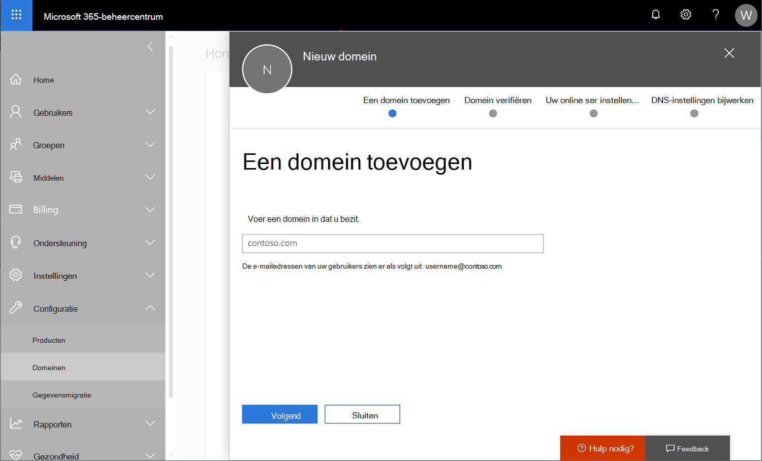 Schermopname van Microsoft 365-beheercentrum met Instellingen > Domeinen geselecteerd en er wordt een nieuwe domeinnaam toegevoegd