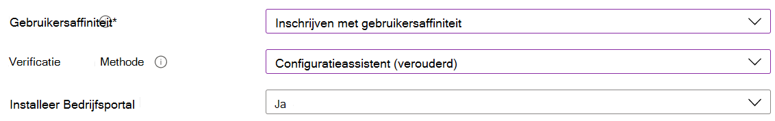 Schrijf in het Intune-beheercentrum en Microsoft Intune iOS-/iPadOS-apparaten in met behulp van automatische apparaatinschrijving (ADE). Selecteer Inschrijven met gebruikersaffiniteit, gebruik de Configuratieassistent voor verificatie en installeer de Bedrijfsportal-app.