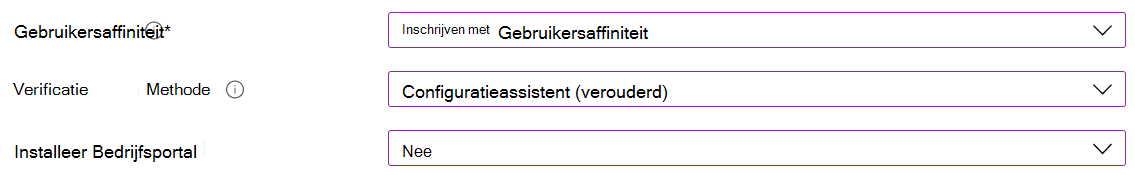 Schrijf in het Intune-beheercentrum en Microsoft Intune iOS-/iPadOS-apparaten in met behulp van automatische apparaatinschrijving (ADE). Selecteer Inschrijven met gebruikersaffiniteit, gebruik de Configuratieassistent voor verificatie en installeer de Bedrijfsportal-app niet.