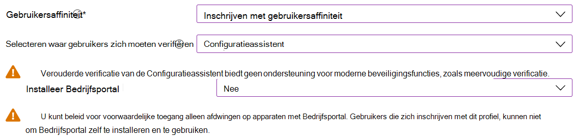 Schrijf in het Intune-beheercentrum en Microsoft Intune iOS-/iPadOS-apparaten in met Apple Configurator. Selecteer Inschrijven met gebruikersaffiniteit, gebruik Configuratieassistent voor verificatie en installeer de Bedrijfsportal-app niet.