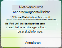 Schermopname van een iOS-app-bericht over een niet-vertrouwde ondernemingsontwikkelaar.