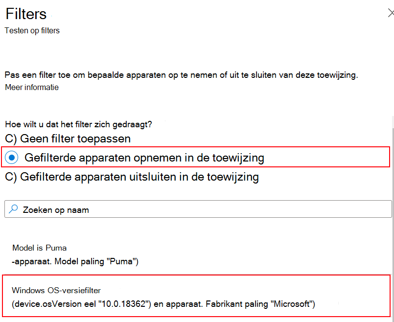 Schermopname van het opnemen van het filter bij het toewijzen van een beleid in Microsoft Intune.