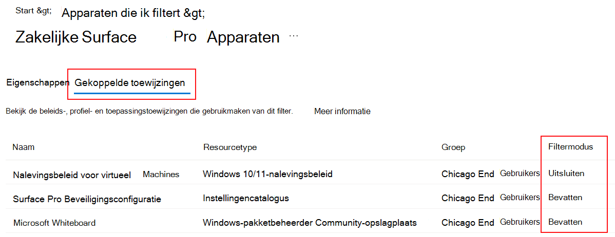 Schermopname van gekoppelde toewijzingstabbladen voor een bestaand filter in Microsoft Intune.