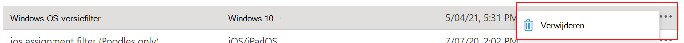 Schermopname van het verwijderen van een filter in Microsoft Intune.