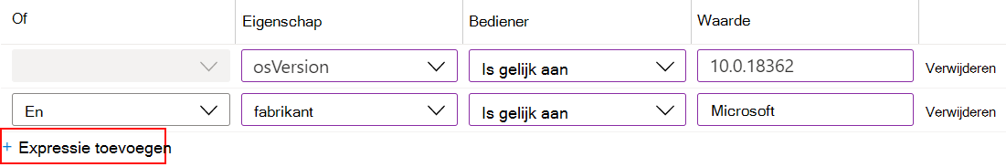 Schermopname die laat zien hoe u de opbouwfunctie voor regels in Microsoft Intune gebruikt om een expressiefilter te maken en toe te wijzen aan uw beleid.