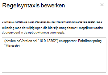 Schermopname die laat zien hoe u de opbouwfunctie voor expressies gebruikt om de regelsyntaxis in te voeren in Microsoft Intune.