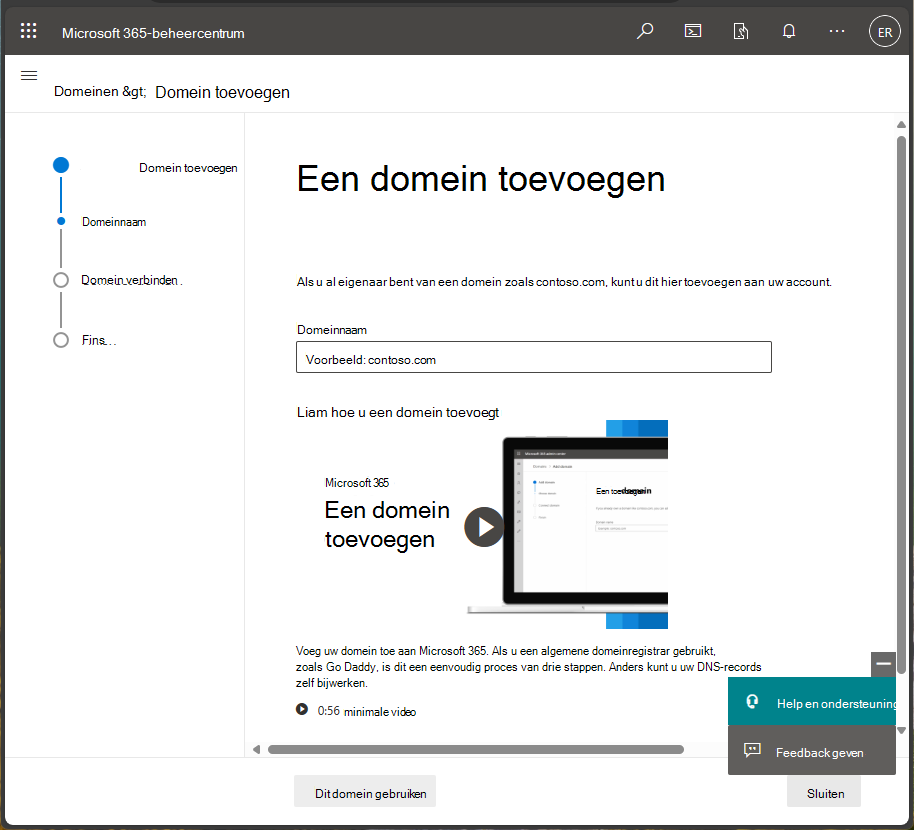 Schermopname van Microsoft 365-beheercentrum - Domein toevoegen