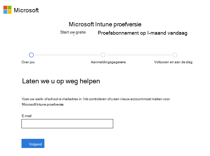 Schermopname van de pagina Microsoft Intune account instellen - E-mailadres invoeren