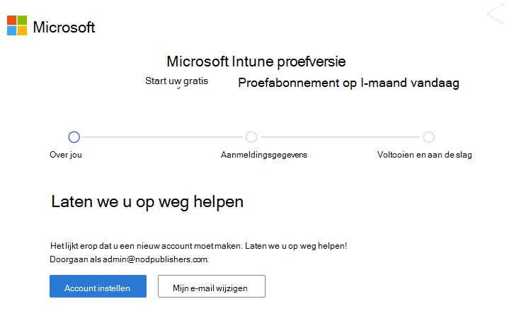 Schermopname van de Microsoft Intune accountpagina instellen - Account instellen