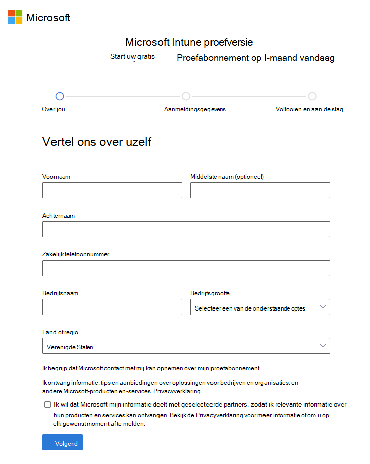 Schermopname van de Microsoft Intune accountpagina instellen - Accountgegevens toevoegen