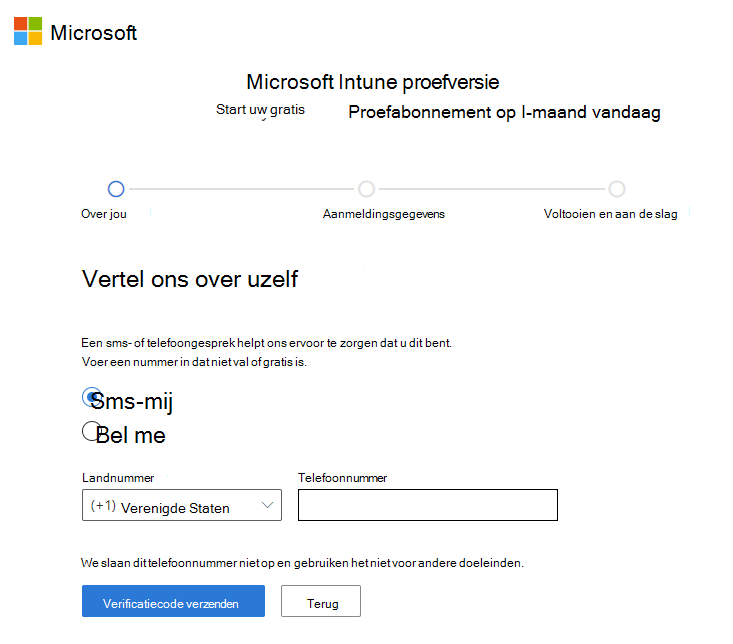 Schermopname van de Microsoft Intune accountpagina instellen - Verificatiecode verzenden