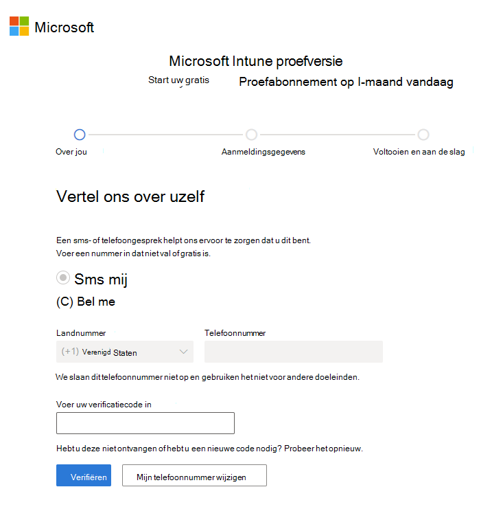 Schermopname van de Microsoft Intune accountpagina instellen - Code verifiëren