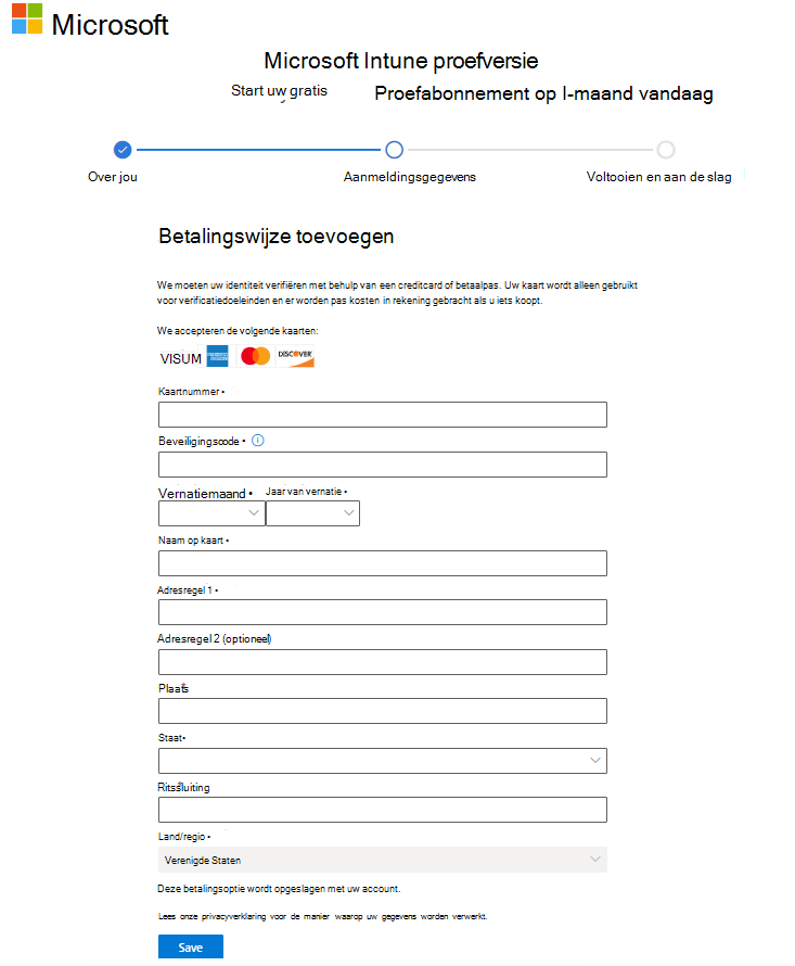 Schermopname van de pagina Microsoft Intune account instellen - Betalingswijze toevoegen