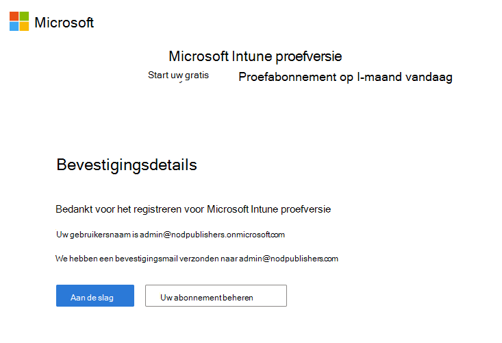 Schermopname van de pagina Microsoft Intune account instellen - Bevestigingsdetails