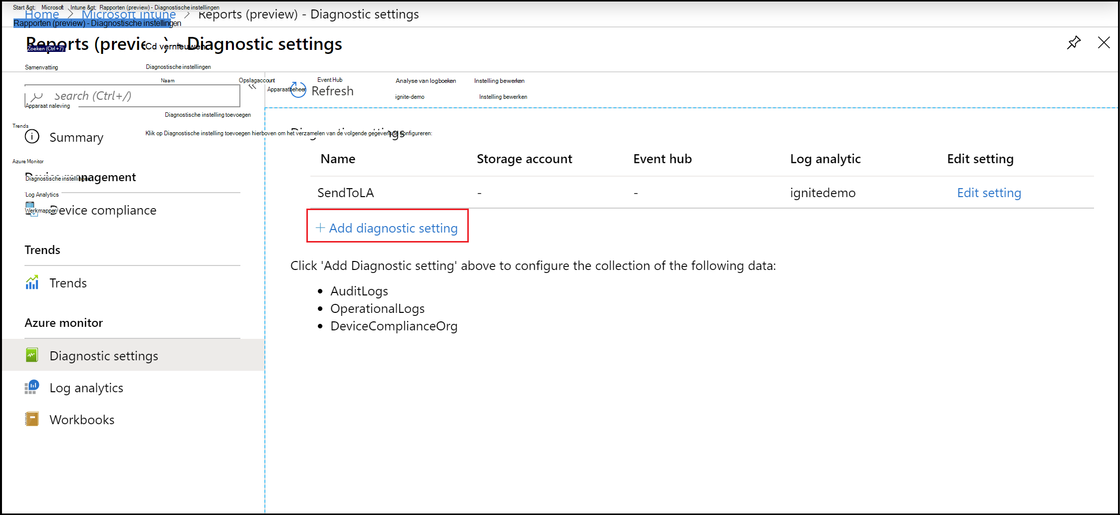 Intune-rapporten - Diagnostische instelling toevoegen