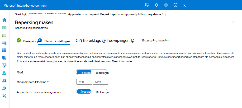 Pagina Met beperkingen voor platformconfiguraties.