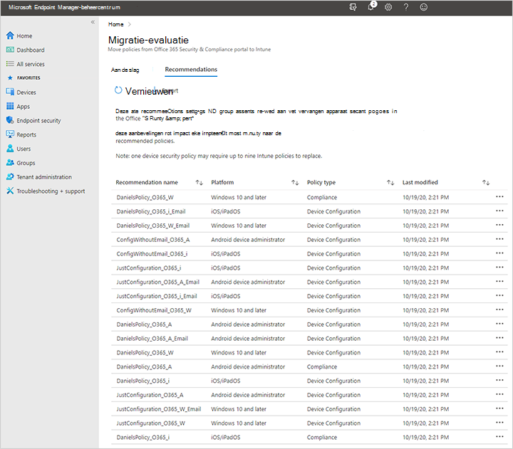 Schermopname van het voorbeeld van de migratie-evaluatie in het Microsoft Intune-beheercentrum na het migreren van Microsoft 365 Basic Mobiliteits- en beveiligingsbeleid naar Intune