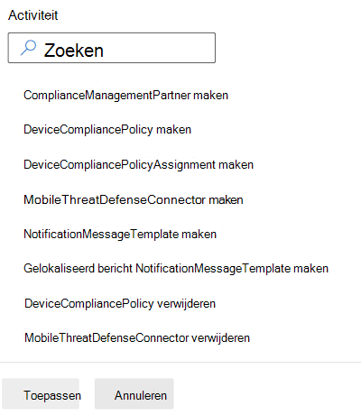 Filter auditlogboeken op nalevingscategorie en selecteer een activiteit in Microsoft Intune en Intune beheercentrum.