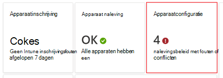 Selecteer in het dashboard beleid met fouten of conflicten om eventuele fouten of conflicten met apparaatconfiguratieprofielen in Microsoft Intune en Intune beheercentrum te bekijken.