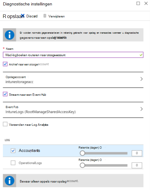 Schermopname van het verzenden van Microsoft Intune auditlogboeken naar een Azure Storage-account.