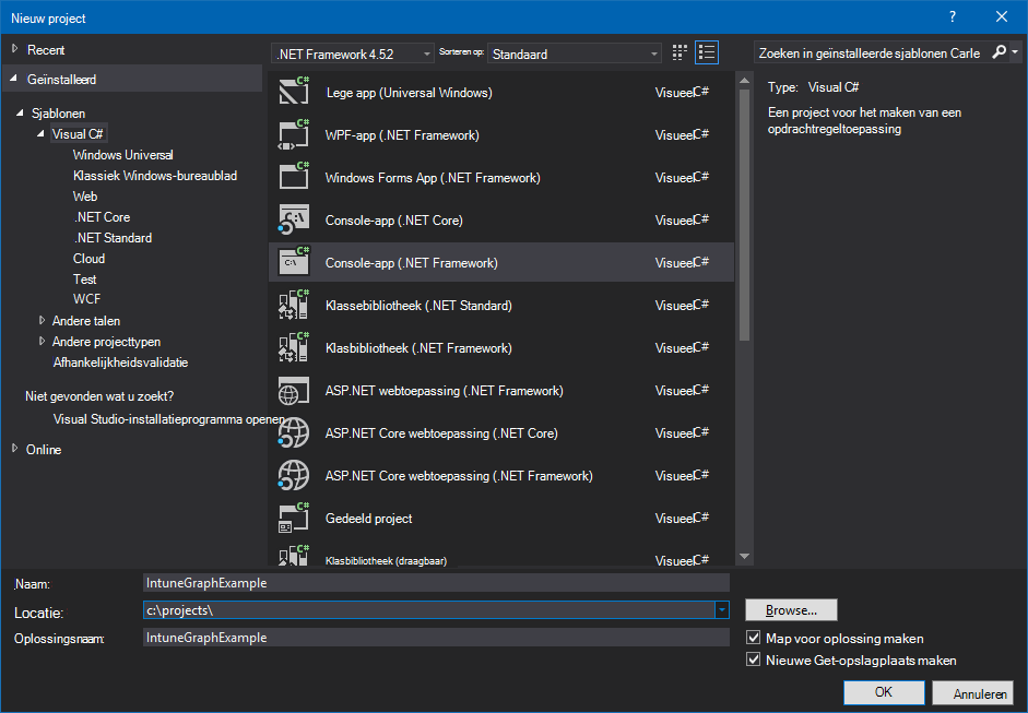 Een C#-console-app-project maken in Visual Studio