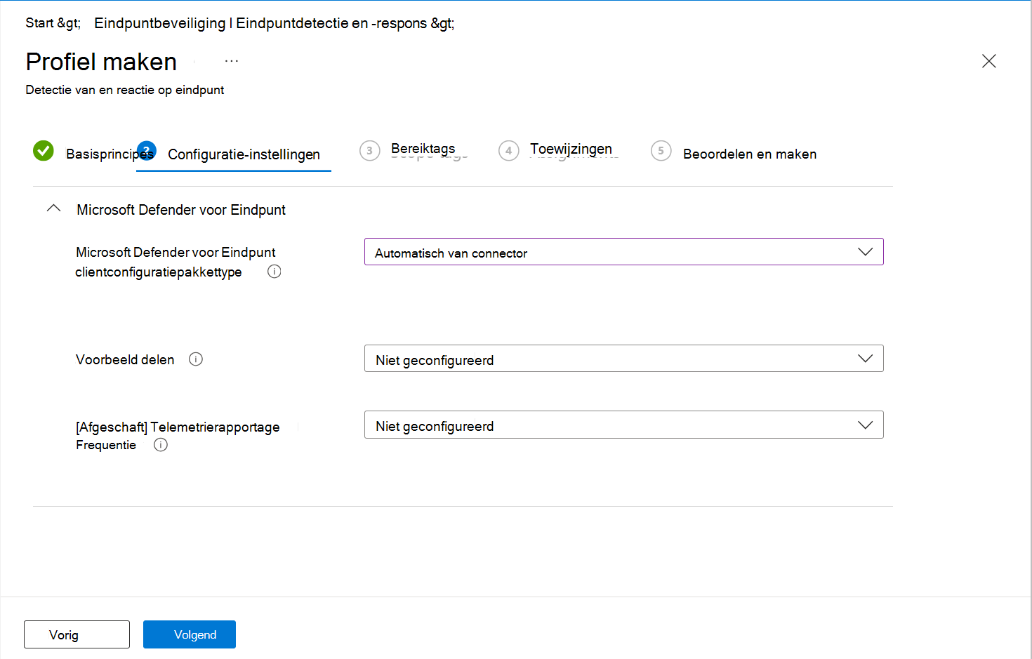 Schermafbeelding van de configuratieopties voor Eindpuntdetectie en -antwoord.