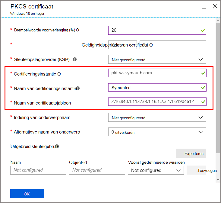 Selecties voor CA- en certificaatsjabloon