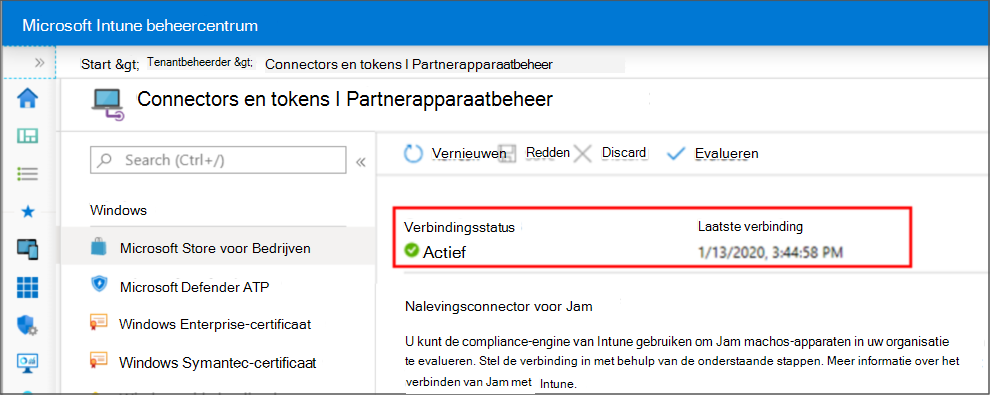 De verbindingsstatus is actief