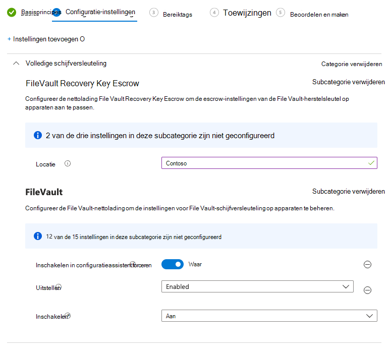 Schermopname van de instellingen die nodig zijn voor het inschakelen van Bestandskluis in Configuratieassistent.