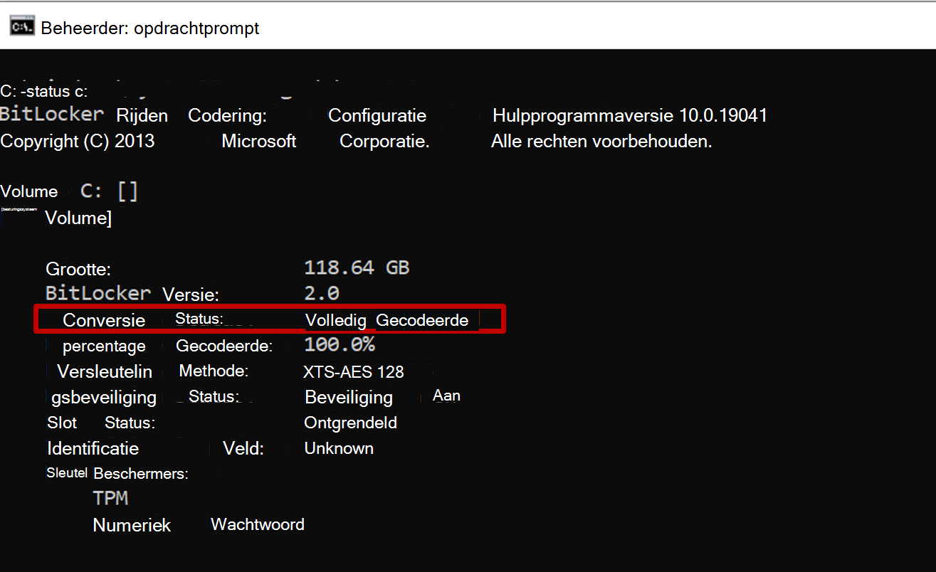 Schermopname van de beheerdersopdrachtprompt met de uitvoer van manage-bde met de conversiestatus die alleen de versleuteling van de gebruikte ruimte weerspiegelt.