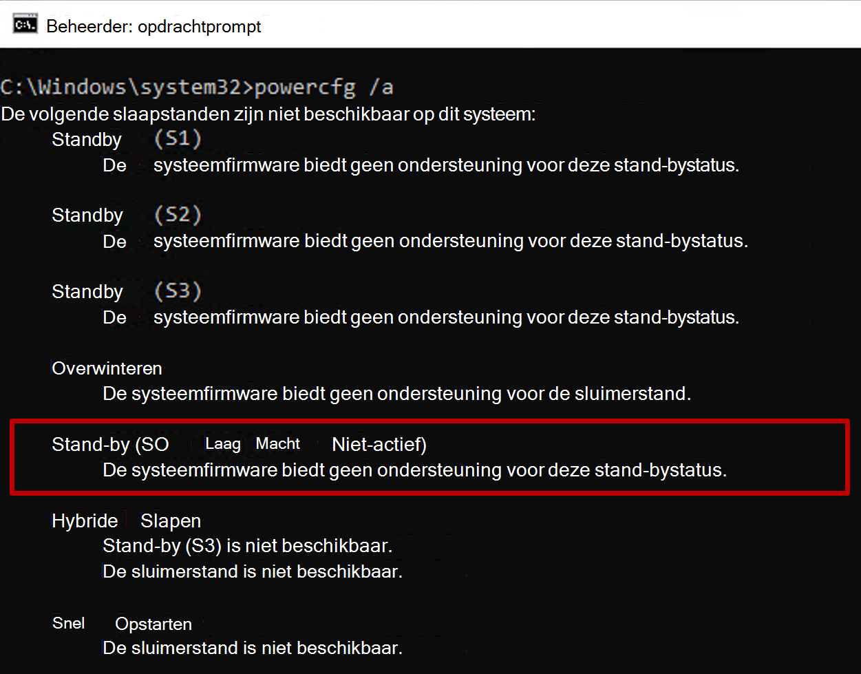 Schermopname van de opdrachtprompt met uitvoer van powercfg-opdracht met stand-bystatus S0 niet beschikbaar.