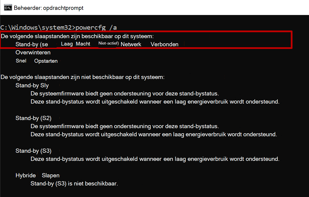 Schermopname van de opdrachtprompt met de uitvoer van de powercfg-opdracht met de stand-bystatus S0 beschikbaar.