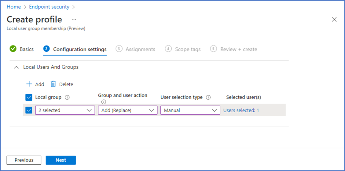 Schermafbeelding van de pagina Configuratie-instellingen voor het configureren van het profiel.