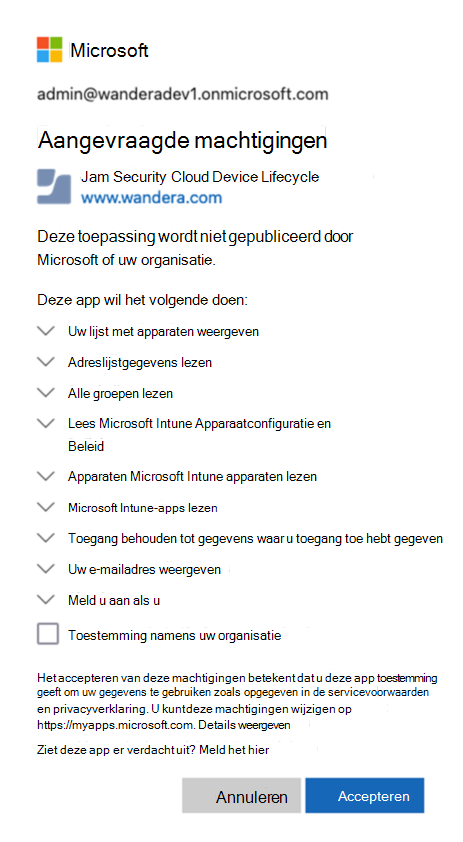 Schermafbeelding van de machtigingen die u accepteert.