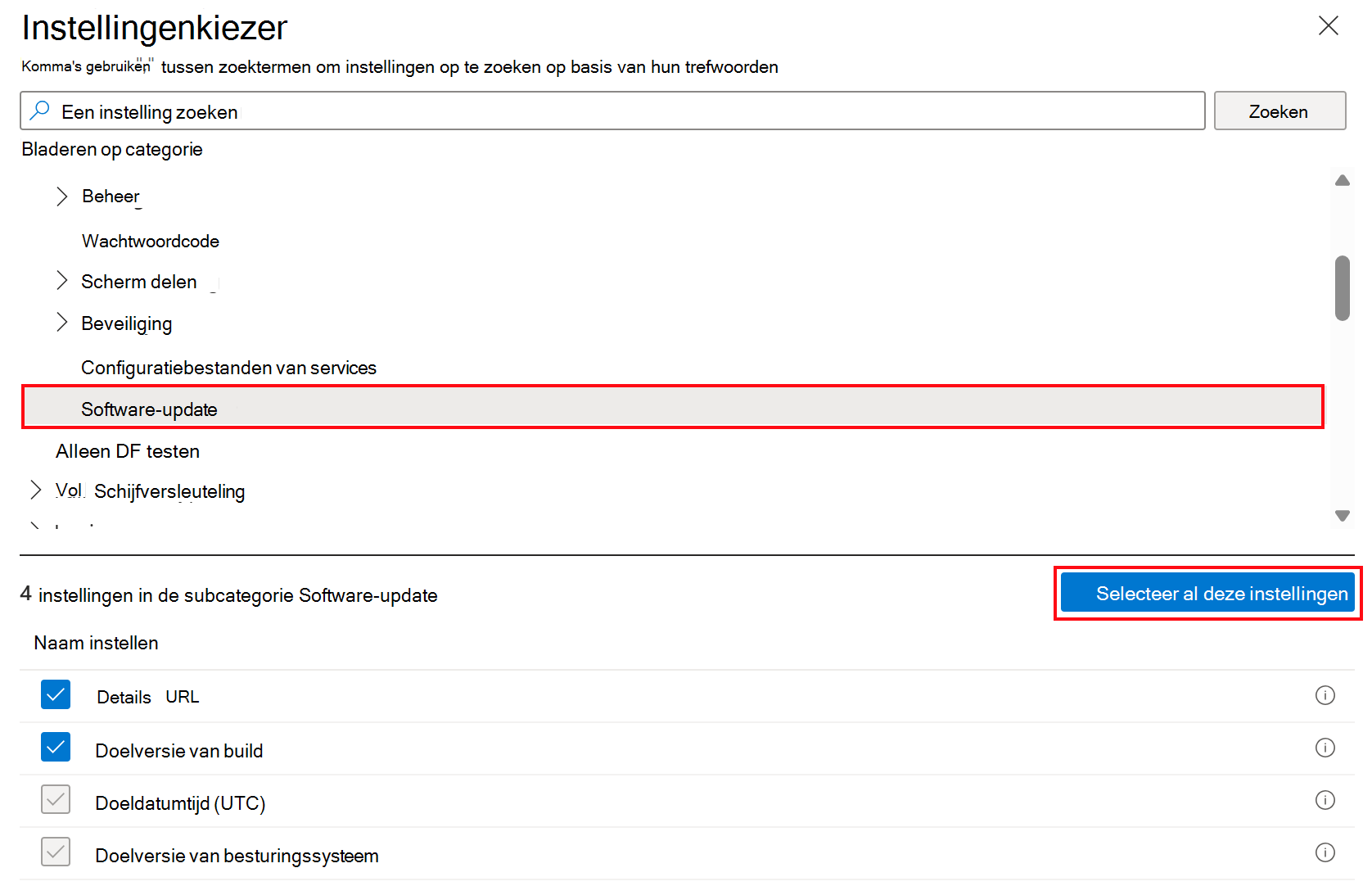 Schermopname van de instellingencatalogus software-update-instellingen voor Apple-apparaten in Microsoft Intune.