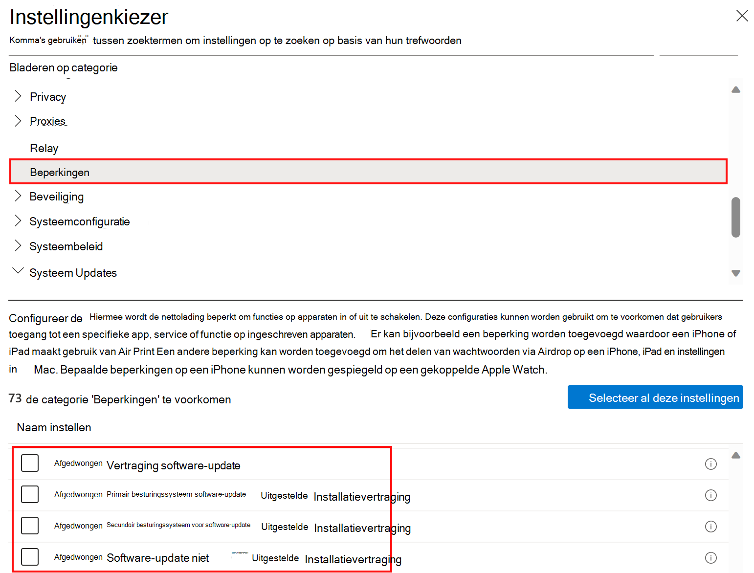 Schermopname van de instellingen catalogus beperkingen beleidsinstellingen om software-updates in Microsoft Intune te vertragen of uit te stellen.