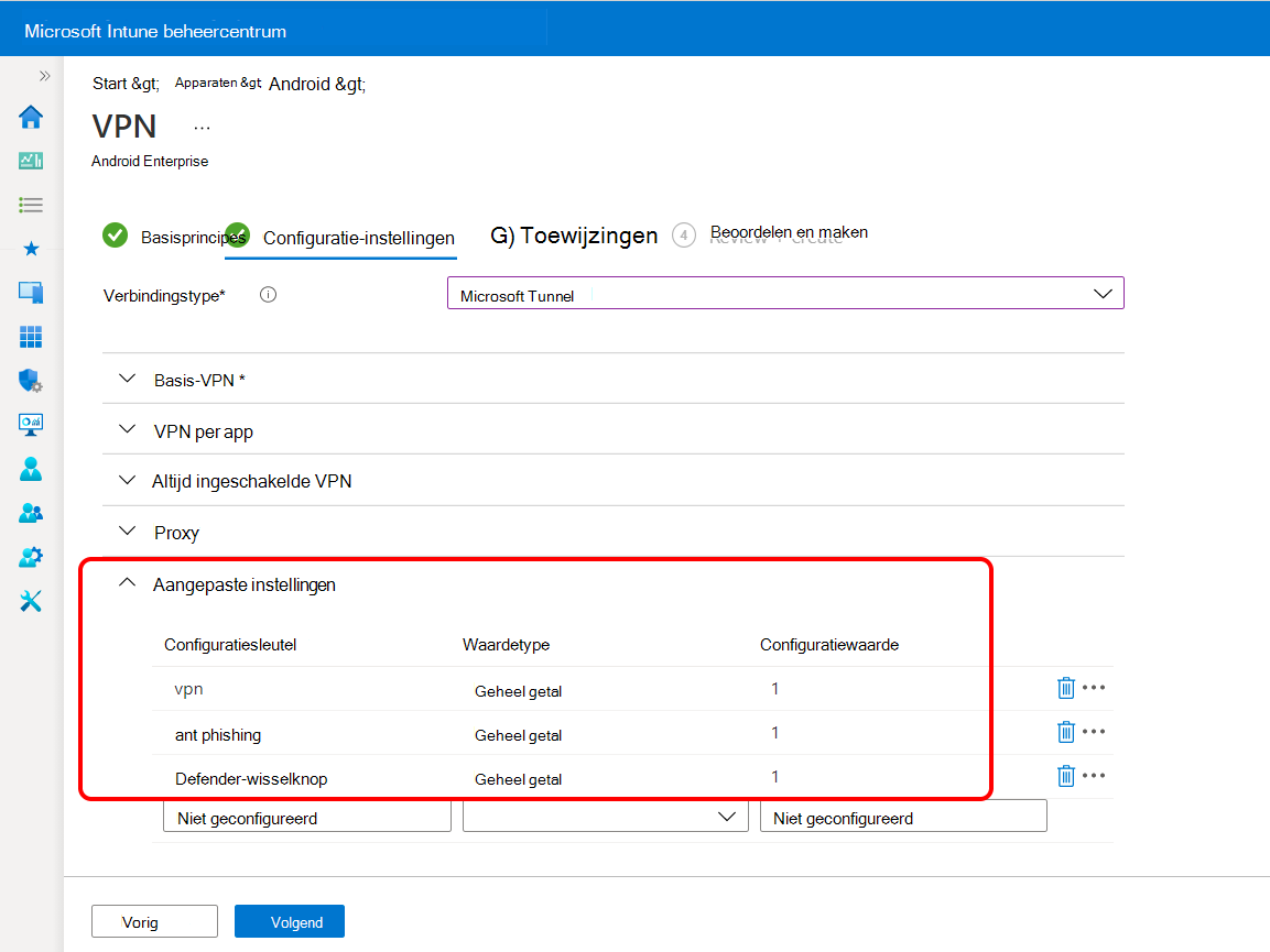 Aangepaste instellingen configureren in het VPN-profiel voor Microsoft Defender voor Eindpunt